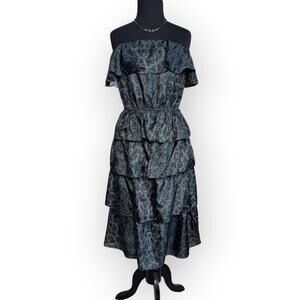 NWT Rebecca Taylor Tiered Black Green Blue Leopard Jaguar Dress 100% Silk Flair